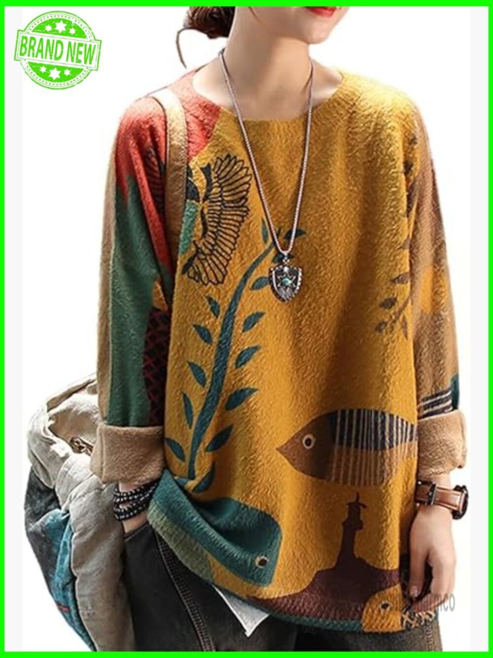 Graphic Printed Oversized Pullover Sweater Casual Cozy Knit Tunic Top Loose Fit